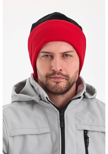 Erkek Siyah Polar Dış, Kahve Pamuklu Iç Kısım, Çift Renk Çift Katmanlı Katlanabilir Yumuşak Bere - Standart / Siyah-kırmızı Siyah-kırmızı