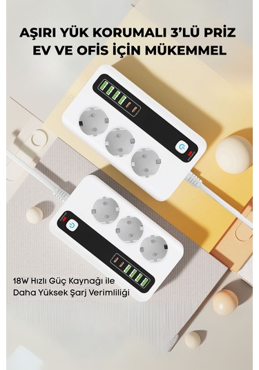 Pro P10 3x Priz 3000w Akım Korumalı 4x Usb 2x Type-c Girişli Çoklu Priz 0.2 M