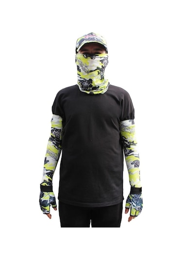 Captain Fisherman Style Camo Green Set Cap+eldiven+kolluk+buff Yeşil