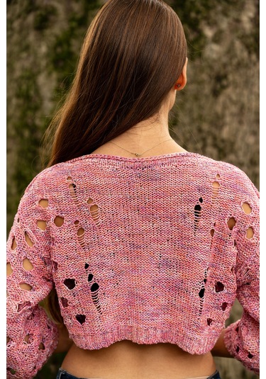 Verdeblanco Yırtık Detaylı Örme Crop Top Açık Pembe