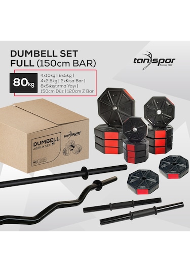 Tanspor 80 KG Dambıl Halter Full Kısa Bar + Z Bar + Düz Bar Seti Kırmızı Kapaklı