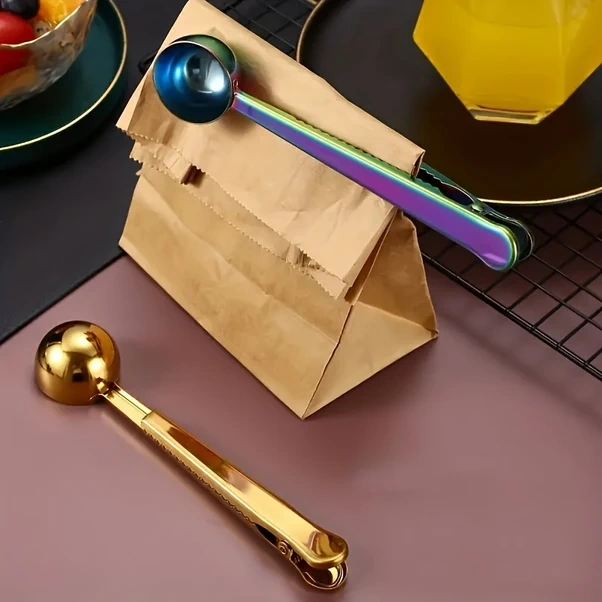 Xuweiwei Altın 1 Adet Paslanmaz Çelik Çok Amaçlı Kahve Kaşığı Ve Kolay Temizlenen Poşet Kapatma Aracı