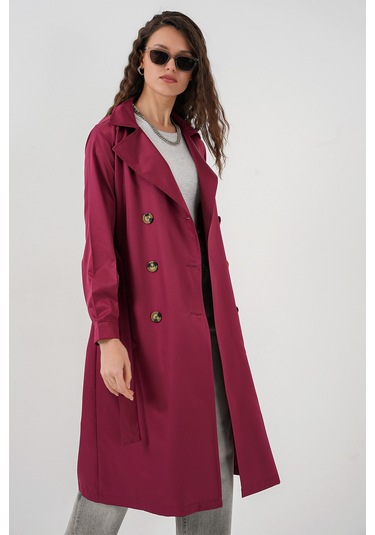 5853 Kruvaze Yaka Trençkot - Bordo Bordo