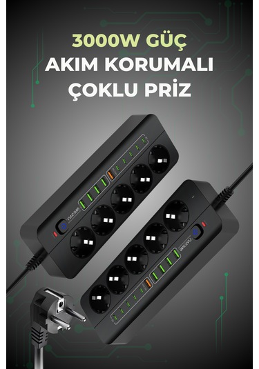 Pro P13 Siyah 3000w Akım Korumalı 5 Girişli Type-c Ve Usb Girişli Uzatmalı Grup Priz 0.2 M