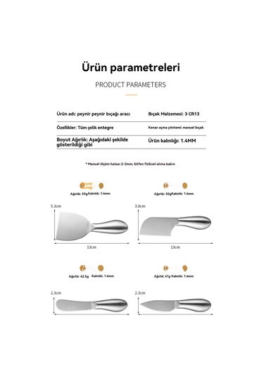 Aurora Tamamen Çelik Eyağıbıçağı Ayılmışbıçak Peynir Bıçağı Metal
