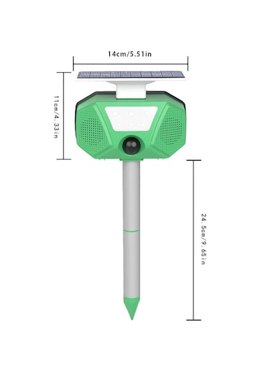 Yaozixa Güneş Enerjili Dış Mekan Sıçan-kuş-gerçek Hayvan V驱赶 Cihazı, Ip66 Su Geçirmez, 110 Pır Sensör, Sesli Alarm, Led Işık, Çıkartılabilir Toprak Çubuğu, Yeşil Batarya Dahil Yeşil