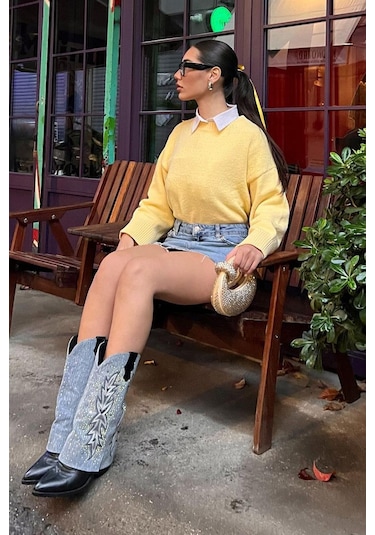 Sarı Bisiklet Yaka Oversize Triko Kazak Mg1972 Sarı