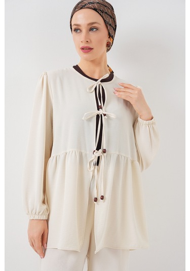 Kadın Önü Bağcıklı Tunik Pantolon İkili Takım 6744 - Ekru ekru Kadın Önü Bağcıklı Tunik Pantolon İkili Takım 6744 - Ekru ekru