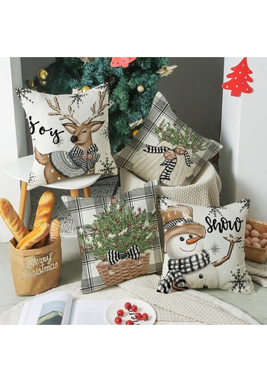 Singree Kış Dekoratif Yastık Kılıfları 4'lü Set, 45x45 Cm, Ayarı Ve Kar Tanesi Desenli Noel Podyum Kılıfları Bej