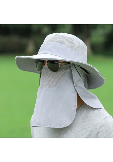 Çıkarılabilir Boyun Koruyucu Ve Yüz Siperliği Olan Geniş Kenarlı Ağızlı Güneşlik Şapka Gri