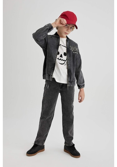 DeFacto Erkek Çocuk Kolej Yaka Fermuarlı Çift Cepli Mevsimlik Hafif Jean Bomber Ceket B5500A824SPNM36