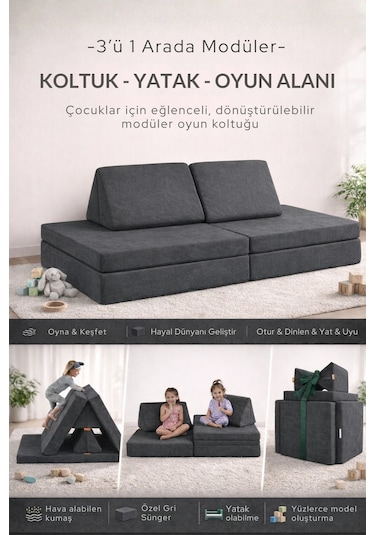 Yatella 4 Parça Katlanabilir Çocuk Koltuğu Yatak & Minder Çok Amaçlı Modüler Tasarım - Antrasit