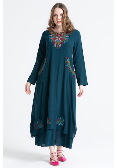 Uzun Kol Şile Bezi Nakışlı Antik Uzun Elbise Petrol Ptrl-petrol Petrol