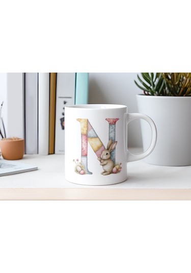 N Harfli Tavşan Kupa - Patchwork / Yamalı Desenli İsme Özel Kupa - Pastel Vintage Tarz Hediyelik Beyaz