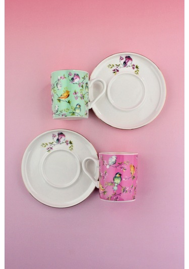 Paradise Altın Yaldızlı İki Kişilik Porselen Kahve Fincan Takımı Pembe