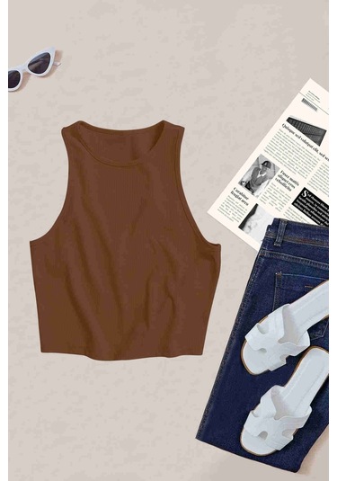 Merry See Tek Renk 1 Adet Kadın Kolsuz Örme Kumaş Bluz Crop Kahverengi 001