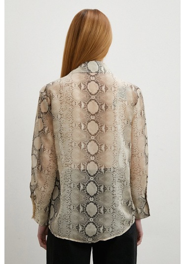 Yılan Derisi Desenli Tül Gömlek Bej Bej