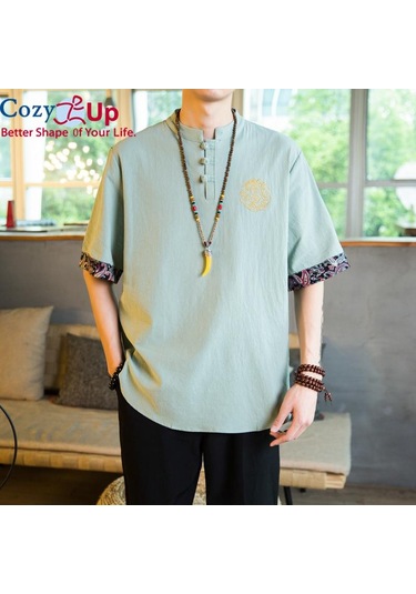 Rahat Up Çin Tarzı 1/2 Kollu Casual Gömlek Erkek İnce Stand Yaka Nakış Pamuk Ve Keten Yeşil