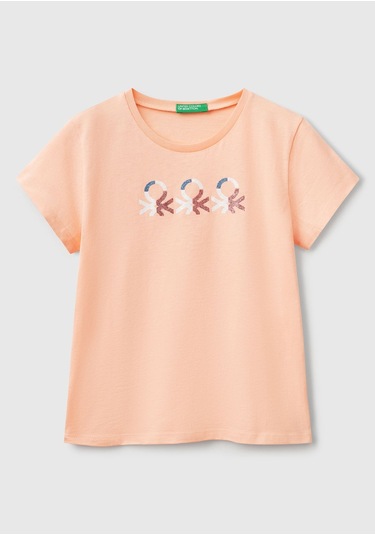 Kız Çocuk Siyah Simli Logo Baskılı T-shirt Turuncu