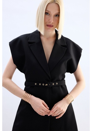 Sateen Kemerli Uzun Yelek - Siyah-136850 Siyah