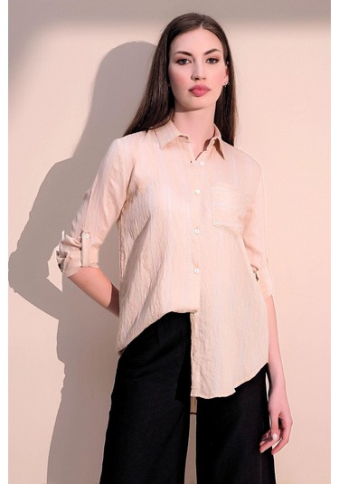 Kadın Bej Uzun Kol Özel Kumaş Tek Cep Gömlek Dik Çizgili Arkası Uzun Basic Kesim Gömlek Taş