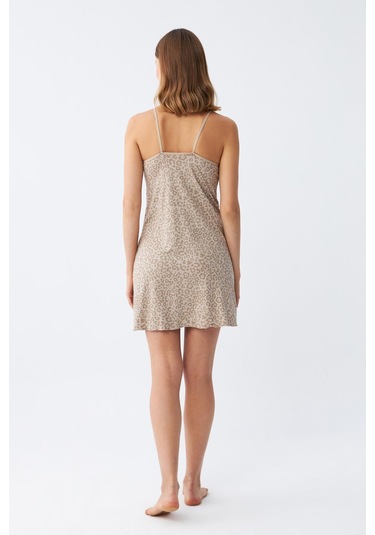 Akbeniz Kadın Penye Vizon Leopar Desenli İp Askılı Gecelik 36717 Vizon