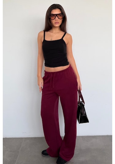 Bordo Geniş Paça Barrel Fit Eşofman Altı Mg2646 Bordo