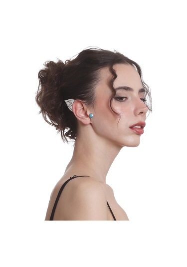 Kadın Gümüş Renk Lak Kaplama Taşlı Dokulu Yaprak Stilizesi Sağ Kulak Earcuff & Kıkırdak Küpe Çok Renkli