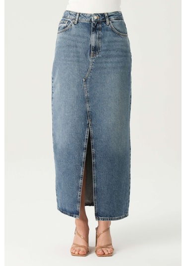 Orta Mavi Yüksek Bel Patı Fermuarlı Yırtmaçlı Maxi Jean Etek C 4532-048 Mavi