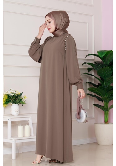 Omuzu Taş Detaylı Rose Elbise-vizon-4771 Vizon