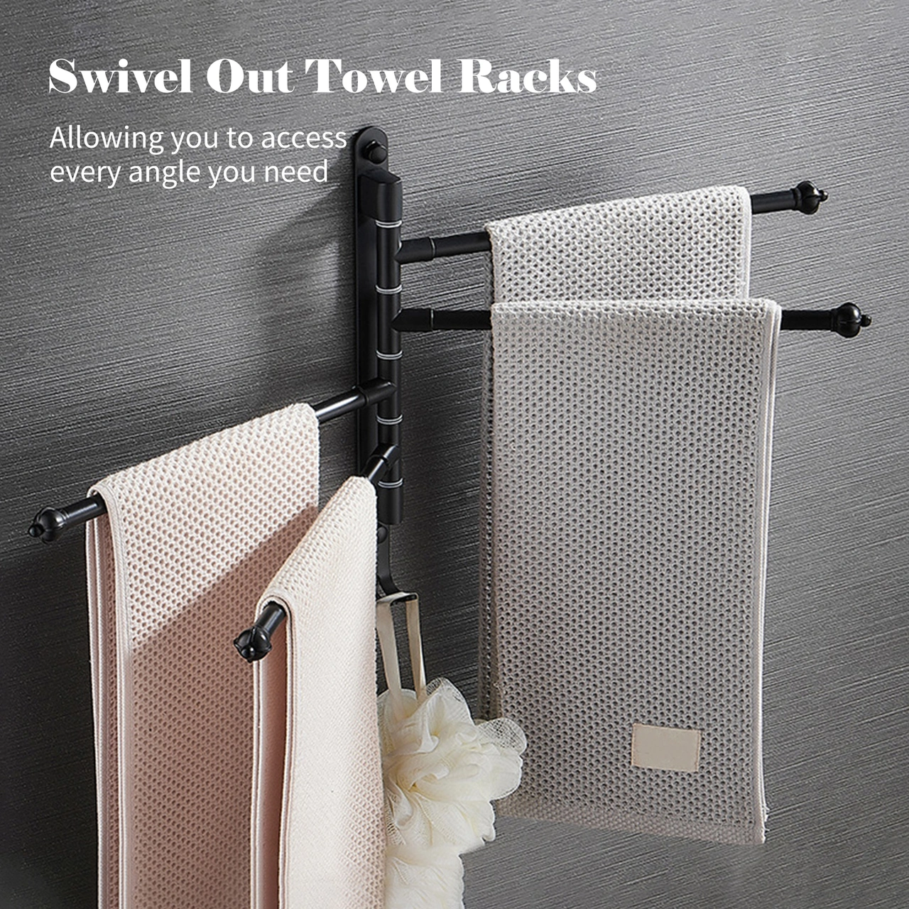 Geeroyoo Siyah Alüminyum 5 Çubuklu 180 Dönebilen, Delme/delmesiz Montajlı, Kancalı Pratik Havlu Rafı 30cm Siyah