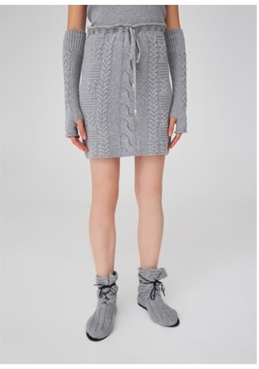 Peraluna Saç Örgü Desenli Kadın Triko Etek Gri Melanj