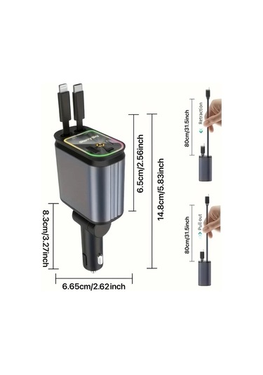 Honeybeeshop Gri 4ü 1 Arada Geri Çekilebilir Araba Telefon Şarjı 66w Hızlı Şarj Led Projektör