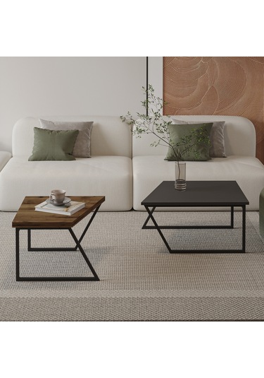 Verona İkili Orta Sehpa Modern Tasarım Metal Ayaklı Sehpa Seti Antrasit/antik Ceviz