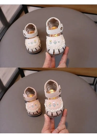 Maoyaya Pu Deri Yumuşak Taban Lale İşlemeli Bebek Yürüme Sandaleti - Bej Renk, 16-20 Beden Bej Bej