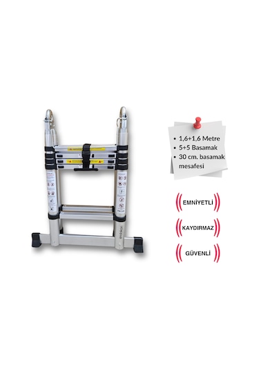 160 + 160 Cm. - 5+5 Basamaklı Teleskobik / Teleskopik Merdiven - A Tipi Uzayan Merdiven