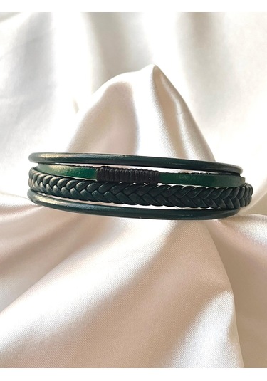 %100 Deri 4lü Kombin Yeşil Erkek Bileklik Boyut Net 20 Cm Yeşil