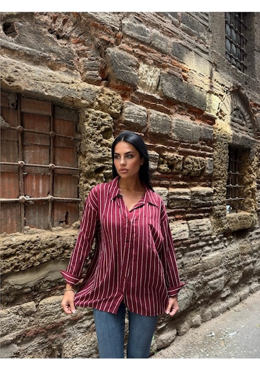 Bordo Çizgili Oversize Düğmeli Gömlek Bordo