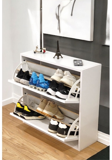 Düşer Kapaklı Ayakkabılık 4 Bölmeli 2 Kapaklı Kayar Raflı Dolap Beyaz