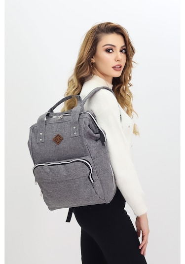 Termal Bölmeli Gri Anne Bebek Sırt Çantası Melanj Kumaş Su Geçirmez Bebek Bakım Çantası Puset Uyumlu Siyah