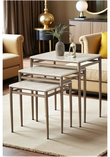 Diva Serisi 1. Sınıf Mebran Mdf 3 Lü Zigon Sehpa Takımı Gold Bronz