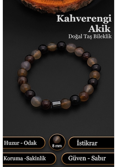 Doğal Taş Bileklik Erkek Kadın Kahverengi Akik Bileklik 8 Mm Bt054 Açık Kahve