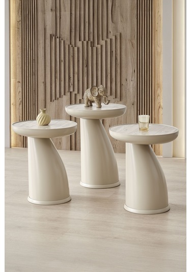 Altınaks Mobilya Elips 3'lü Sehpa, Yan Sehpa, Zigon Sehpa - Kumtaşı & Traverten Desenli Tabla Kumtaşı Renk Gövde & Traverten Desenli Tabla