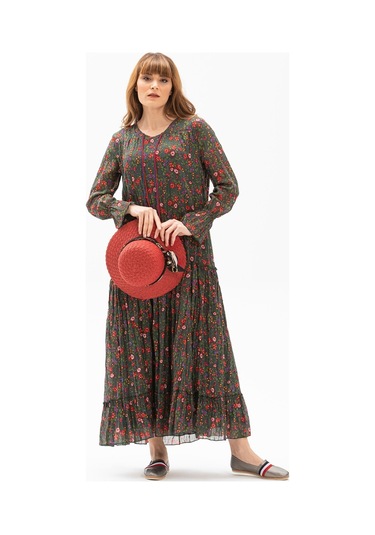 Uzun Kol Vual Gonca Uzun Elbise Tomurcuk Desen Yeşil 6170-yeşil
