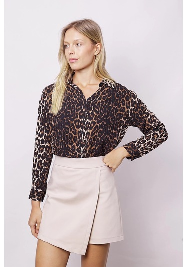 Kadın Likrasız Viskon Vual Desenli Yakalı Düşük Omuzlu Uzun Kol Şık Gömlek-leopar Leopar