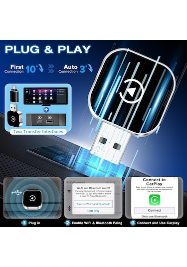 Mufunye 2025 Yeni Sürüm Kablosuz Araç Bağlantı Kutusu - Carplay Ve Android Auto Desteği, Otomatik Yeniden Bağlanma, Ultra Kompakt Tasarım Siyah