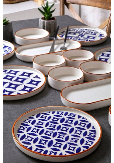 Kitchen Life 14 Parça 6 Kişilik Karo Stackable Kahvaltı Takımı - Kahvaltılık Lacivert Bej Kahverengi