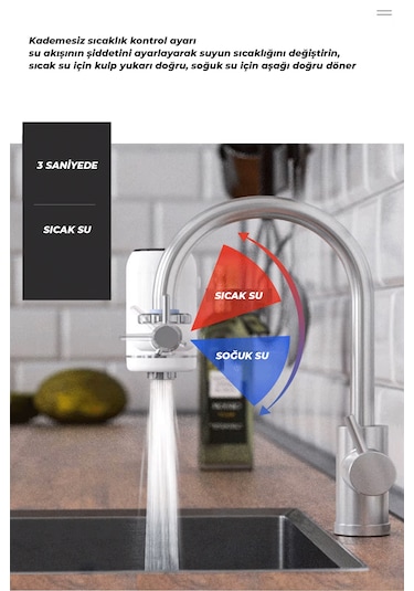 Robo Taşınabilir Dijital Sıcak Su Musluğu Tüm Bataryalara Ve Musluk Tiplerine Uyumludur Beyaz