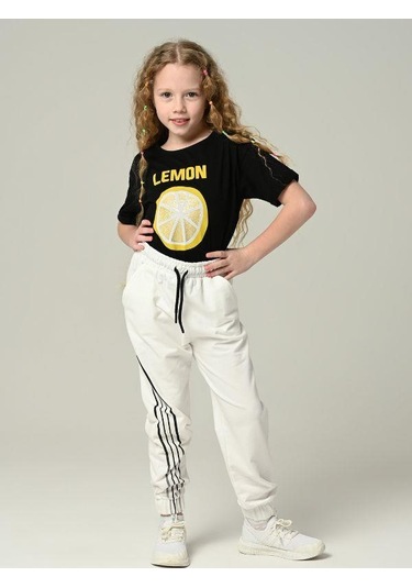 Kız Çocuk Lemon Tshirt Baskılı Paçası Lastikli Eşofman Takım-11632 Siyahbeyaz