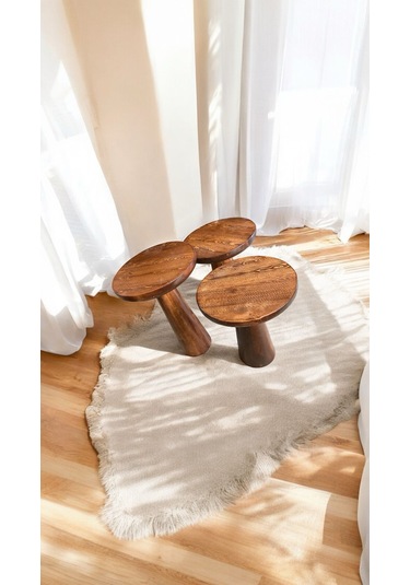 Wood Ahşap 3 Lü Set Mantar Yan Sehpa Konik Model / Kestane Renk